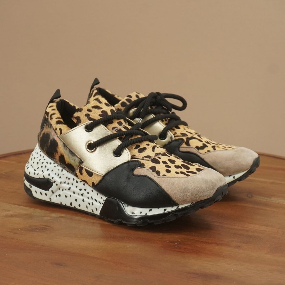Steve Madden Leopard Spot Mixed-Media Sneakers in Black, Tan, Gold